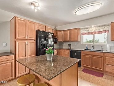 Modern kitchen with wooden cabinets, black appliances, and a central island with a flower pot.