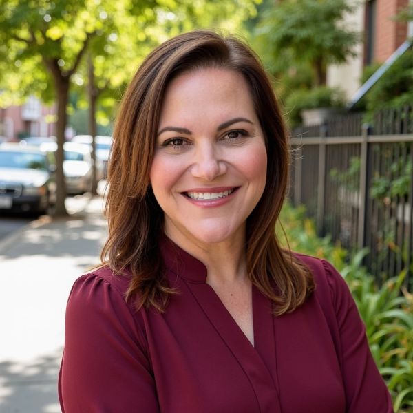 Smiling woman in a maroon blouse outdoors on a sunny day.