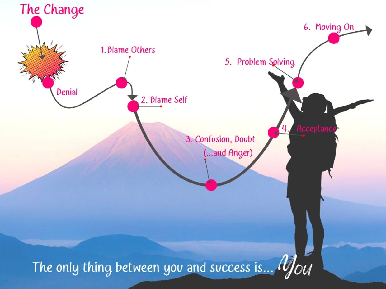 The change curve - all the stages denial, blaming others/self, then doubt then moving on accepting
