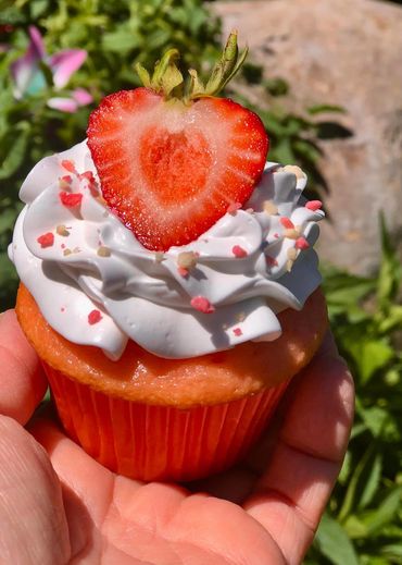Hand holding a strawberry cupcake with white frosting and sprinkles.