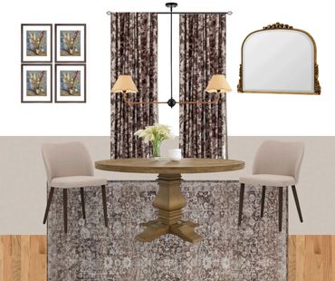 Cozy dining room with round wooden table, beige chairs, floral curtains, and vintage mirror.