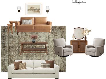 Cozy living room set with neutral tones and wood accents.