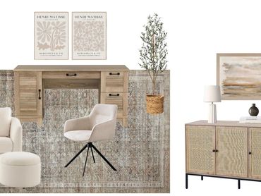 Neutral-toned workspace with cozy chair, wooden desk, and natural decor.