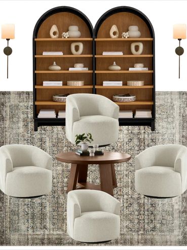 Neutral-toned sitting room with four cozy white chairs around a wooden table.