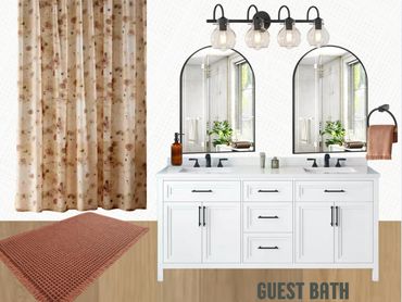 Elegant guest bathroom with floral shower curtain and warm-toned accents.
