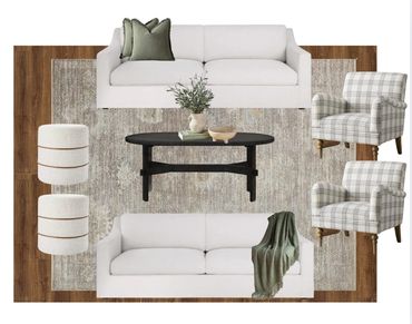 Cozy living room setup with white sofas, plaid armchairs, and a wooden coffee table on a textured rug.