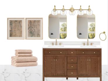 Modern double vanity bathroom with wooden cabinets and elegant lighting.