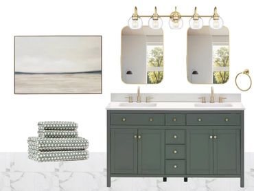 Modern bathroom vanity with dark green cabinets, dual mirrors, gold fixtures, and marble floor.
