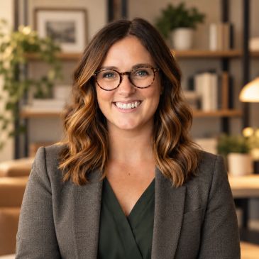 Smiling woman with glasses in office setting.