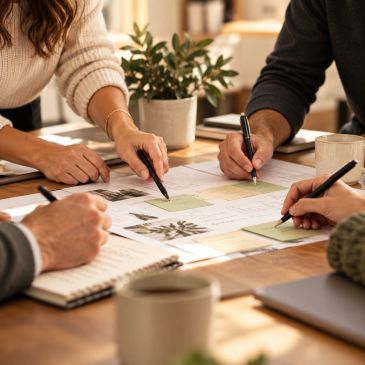 People collaborating on documents at a wooden table.