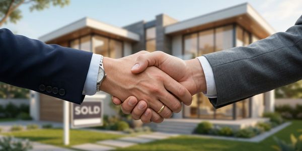 Two people shaking hands in front of a sold house.