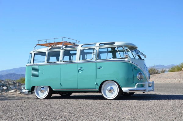 VW bus featuring smoothie wheels with custom caps.  WV wheels, wheels for VW.  Volkwagon wheels