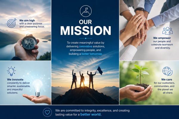 Collage highlighting a company's mission and core values of innovation, teamwork, and sustainability.