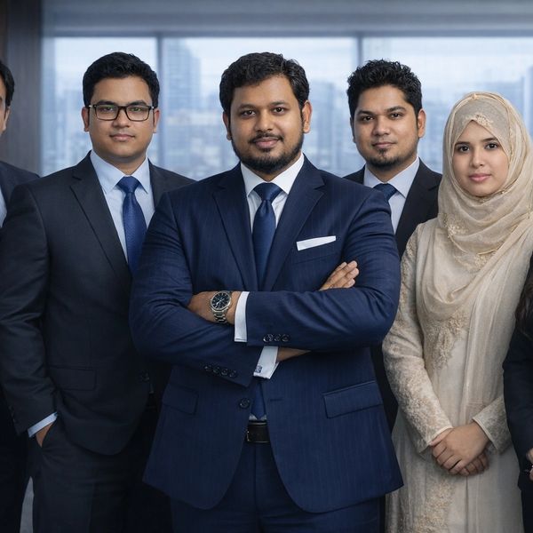 Confident business team posing together in formal attire.