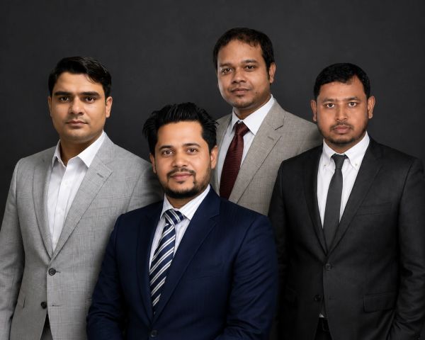 Four men in formal suits posing for a group photo.