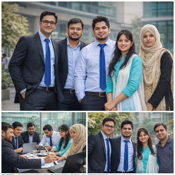 Group of young professionals collaborating in a modern office setting.