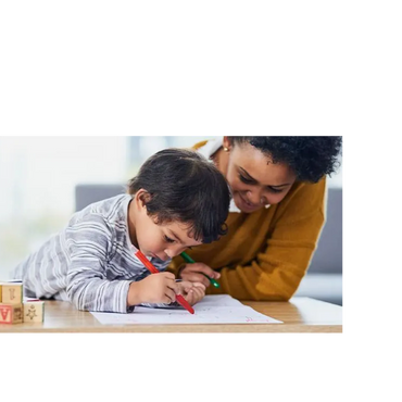 Young boy and woman coloring together at a table.