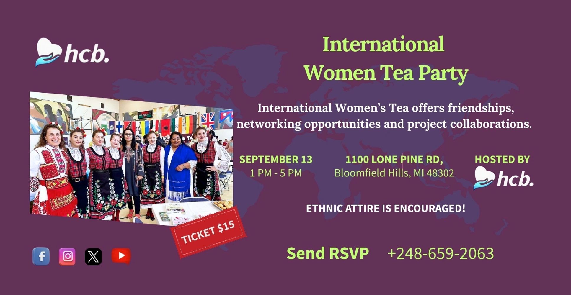 HCB is hosting an International Women's Tea on September 13, 2025 at Bloomfield Hills, MI