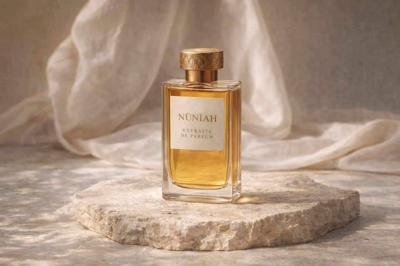 Elegant perfume bottle with golden liquid and ornate cap on stone slab.