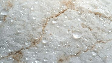 Water droplets on a textured, cracked white surface.