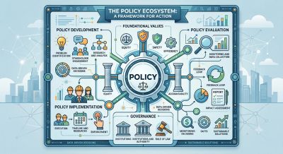 Infographic illustrating a comprehensive policy ecosystem framework.