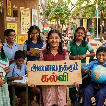 A group of cheerful Indian school children outdoors, holding an education sign.
