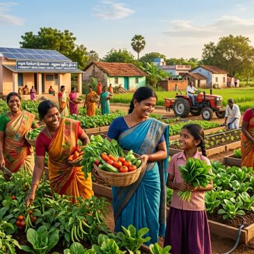 Women and a girl harvesting fresh vegetables in a community farm.