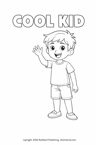 Black and white drawing of a happy boy waving with text 'COOL KID' above.