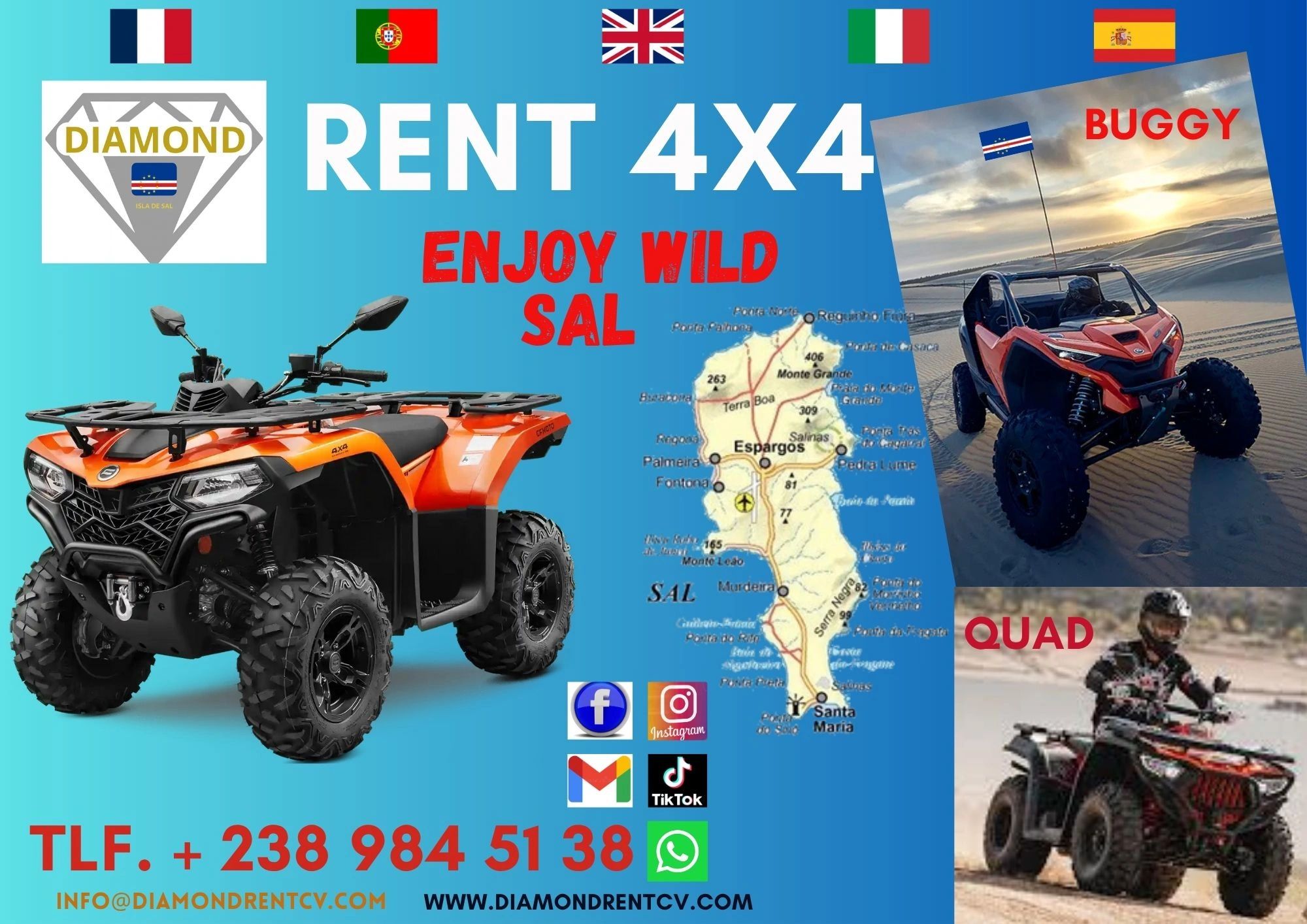 Rental ad for 4x4 vehicles and buggies on Sal Island with contact info and social media icons.