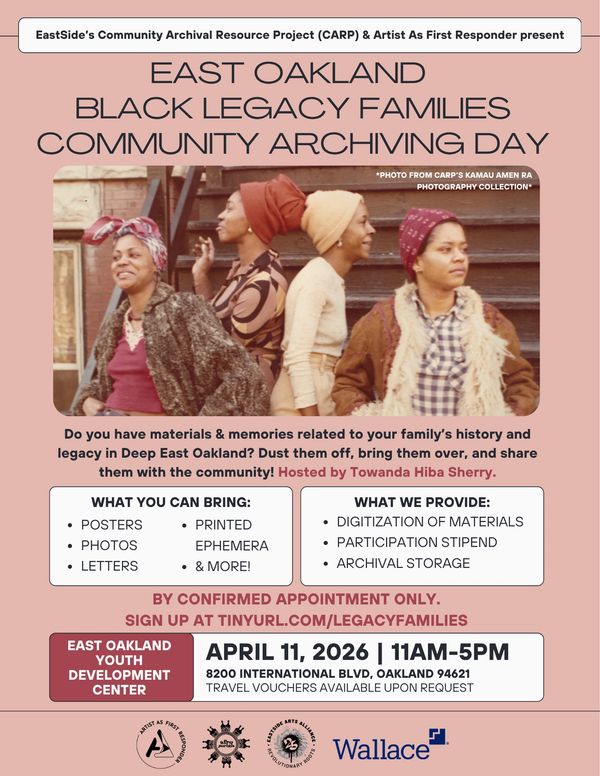 Flyer for East Oakland Black Legacy Families Community Archiving Day on April 11, 2026.