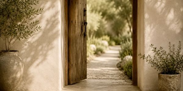 Open wooden doorway leading to a peaceful garden path.