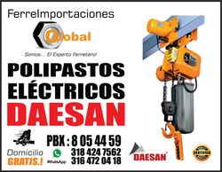 buso equipo daesan, somos importadores de equipos para izaje de carga en la marca DAESAN, traidos directamente de KOREA, los equipos polipastos electricos DAESAN son una de las mejores opciones para su empresa
contactenos FERREIMPORTACIONES GLOBAL, lider en la importacion de equipos DAESAN