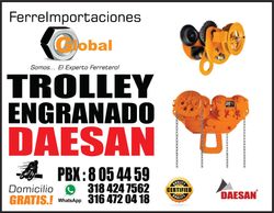 Trolley engradnado de cadena para izaje de carga y traslados de puentes gruas
NITCHI DAESAN KYTO HYUNDAI CM VITAL
contactanos, somos expertos en equipos de izaje de carga