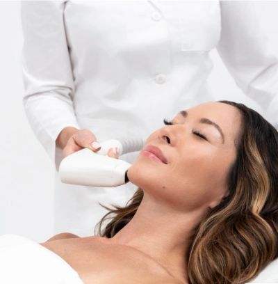 Patient receiving Sofwave skin tightening treatment at Politi Eyecare & Aesthetics near Roslyn, NY