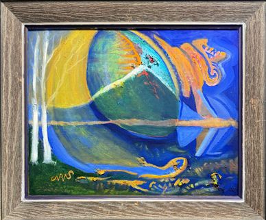 Colorful abstract painting in a rustic wooden frame.