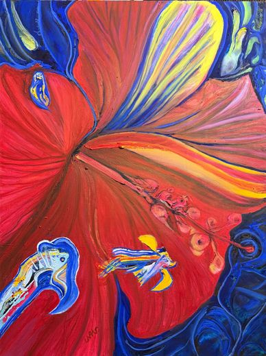 Vibrant abstract painting of a large red and yellow flower with blue accents.