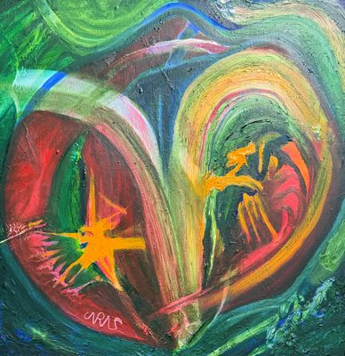 Abstract heart painting with vibrant swirls of green, red, and yellow.