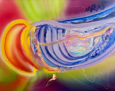 Colorful abstract painting with swirling patterns and vibrant hues.