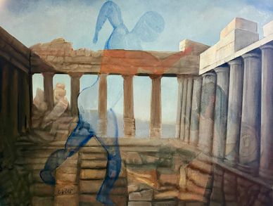 Surreal painting with ghostly figures in ancient ruins.