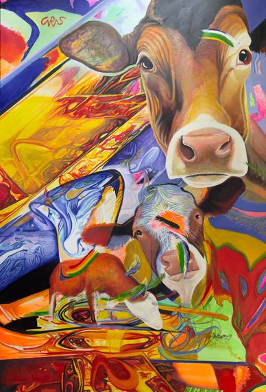 Colorful abstract painting featuring cows with vibrant patterns and shapes.
