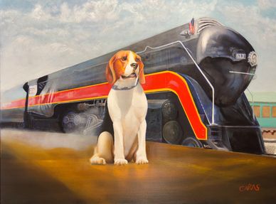 Painting of a beagle dog sitting in front of a vintage black and red train.