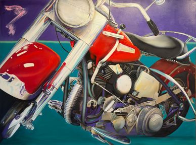 A detailed painting of a red motorcycle with chrome parts against a blue background.