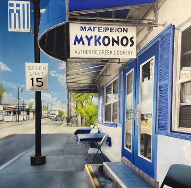 Exterior of Mykonos, an authentic Greek cookery with blue and white décor.