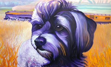 Colorful painting of a dog with a train in the background.