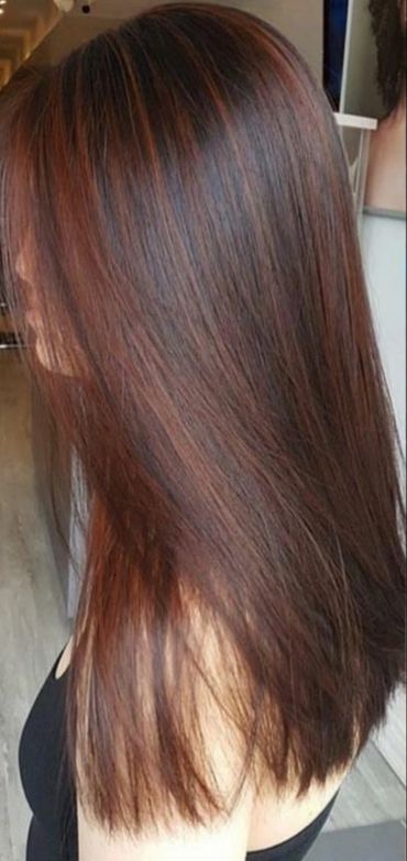 Rich glossy brunette with auburn hues & high-shine blow-dry by Adriana Balea at Studio B Toronto.