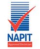 Logo for NAPIT Approved Electrician with a blue striped background and red check mark.