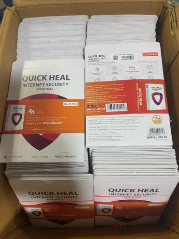 Box filled with Quick Heal Internet Security Essentials packages for 1 device, 1 year.