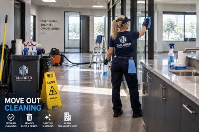 Professional cleaner sanitizing an office space.