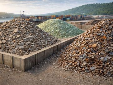 Large piles of different scrap materials at a recycling yard near a port.