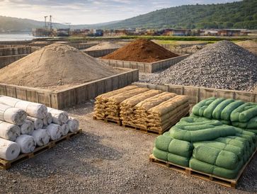 Construction materials like sand, gravel, and bags are neatly organized outdoors.